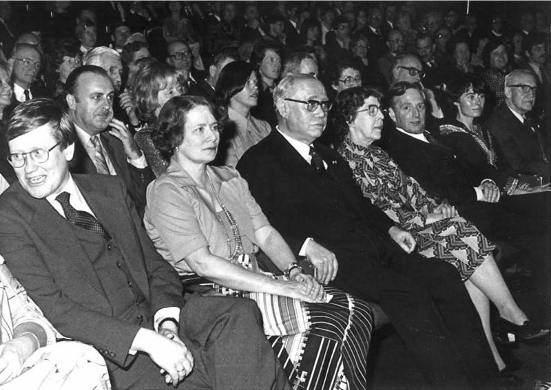Wiegel, Van Someren, Van Riel, Van Everdingen en Korthals Altes op een algemene vergadering begin jaren '70.